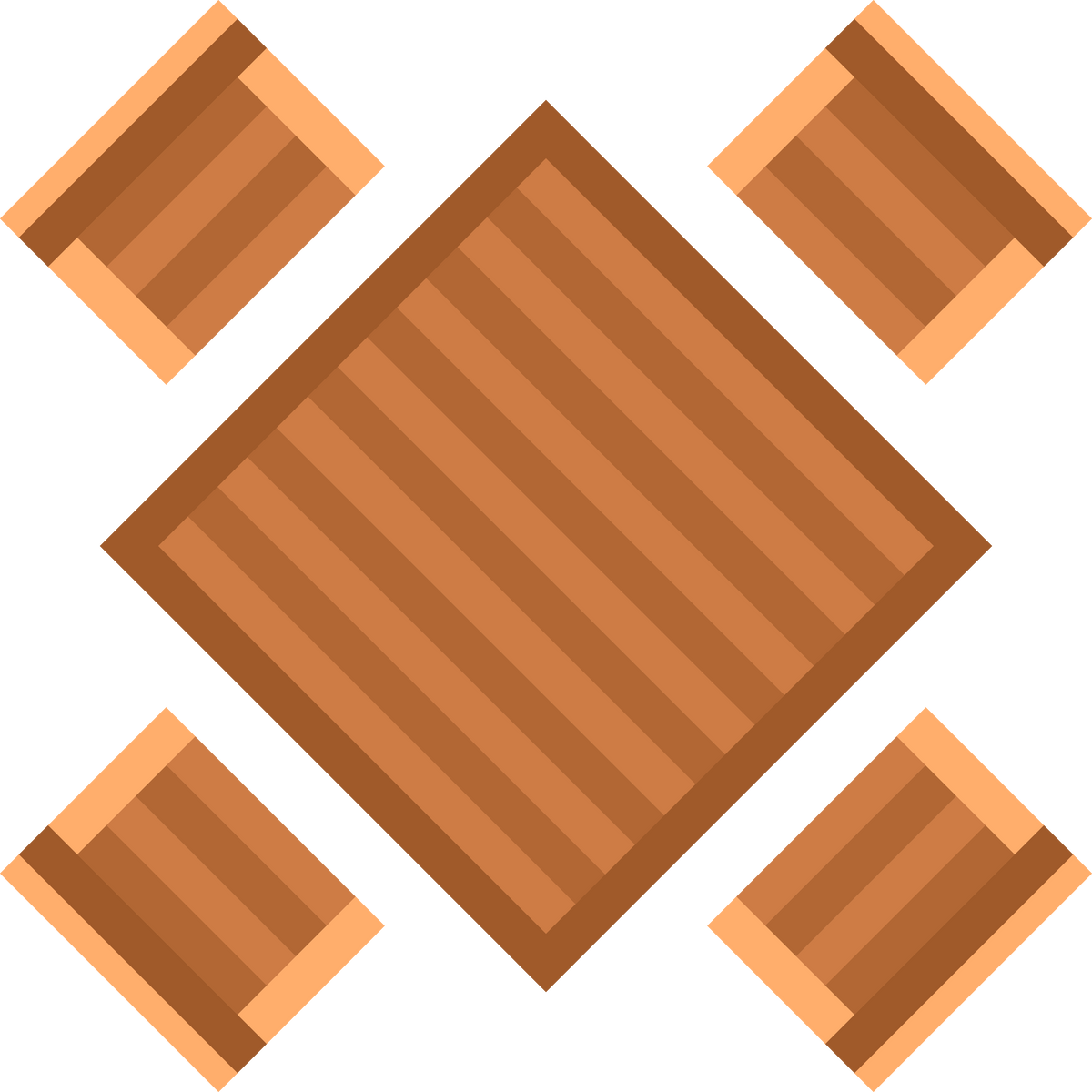 Garden square wooden table with chairs around the perimeter, furniture for outdoor plan. Vector illustration of patio and yard landscape element isolated on white. Architecture concept